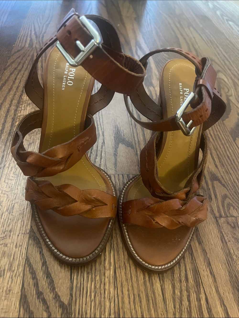 Polo by Ralph Lauren Cognac Braided Leather Ankle-Strap Heels